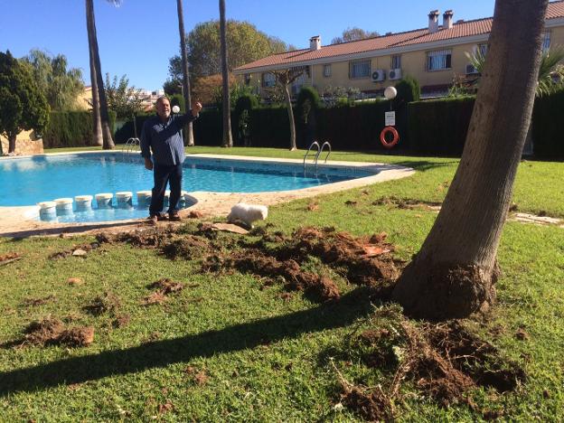 Zanja de más de dos metros que abrió el rayo que impactó en la madrugada del viernes en un jardín de Daimús. / ó. de la dueña
