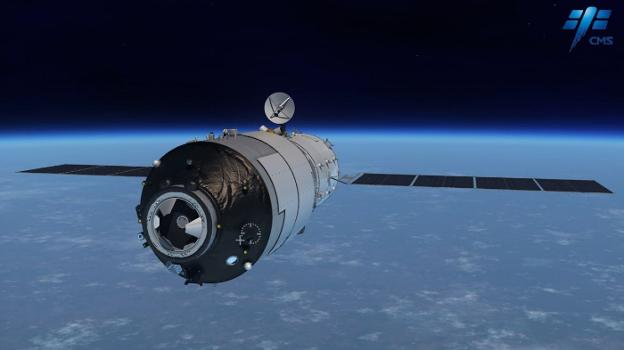 Recreación de la 'Tiangong-1'. Abajo, órbita de la estación china: puede caer en las franjas marcadas en verde y amarillo (estas últimas con mayor probabilidad).
/ CMSA/AEROSPACE