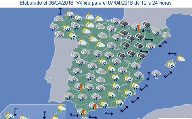 Previsión del tiempo para la tarde del sábado. /Aemet