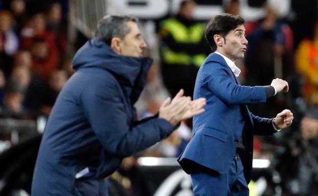 Marcelino gesticula durante uno de los enfrentamientos este año frente al Barça./EFE